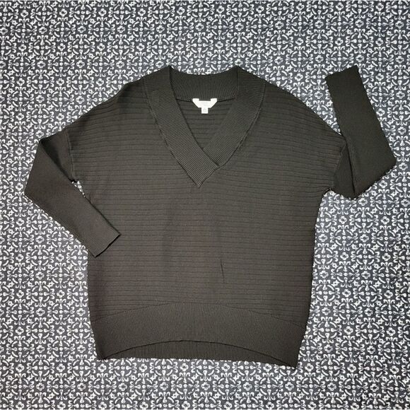 Black Ribbed Oversized Loose Fit Basic Classic Casual V Neck Tunic Sweater - Picture 1 of 6